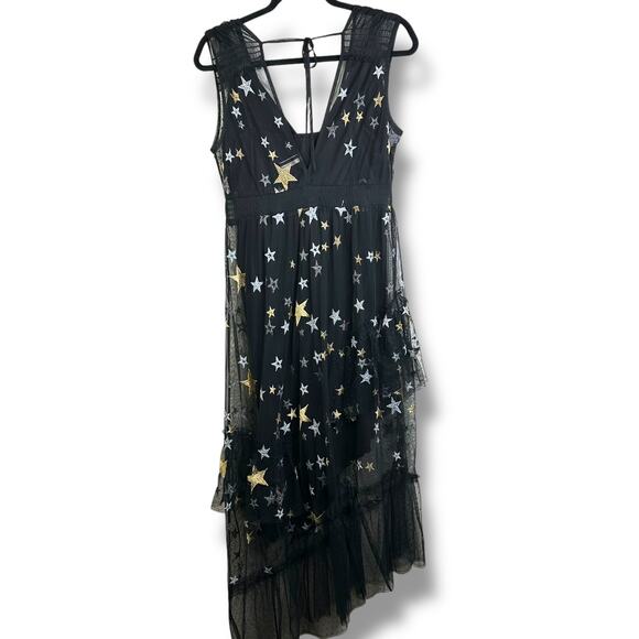 Topshop Embroidered Metallic Star Swiss Dot Plunge Neck Asymmetrical Midi Dress - Picture 7 of 10